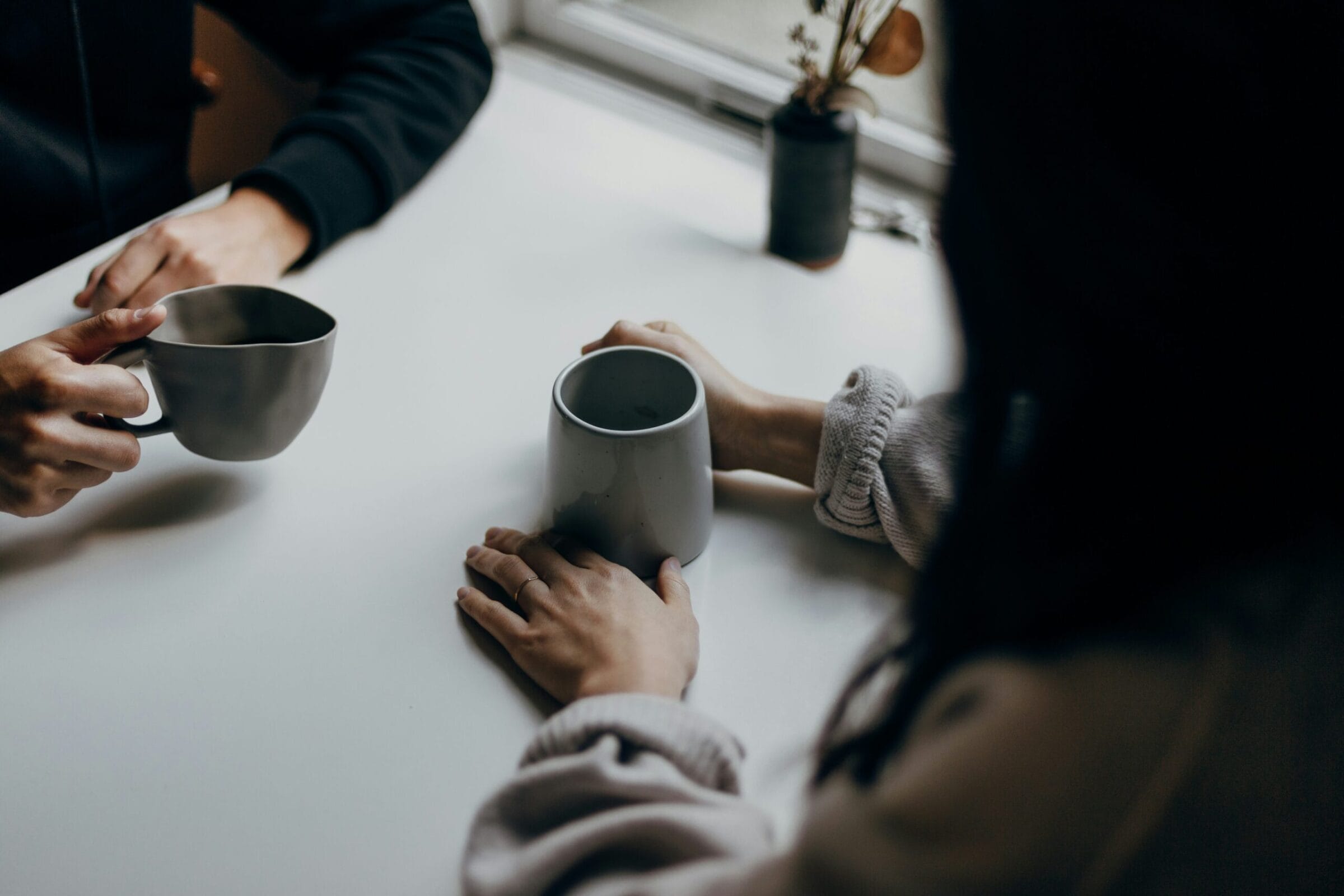 Two hands holding mugs on a table, with a small potted plant in the background and soft natural light coming through a window.
